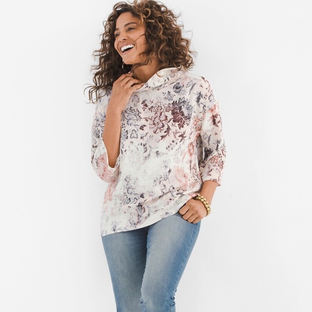Chicos Women's Parisian Floral Mock Neck Top Size 2